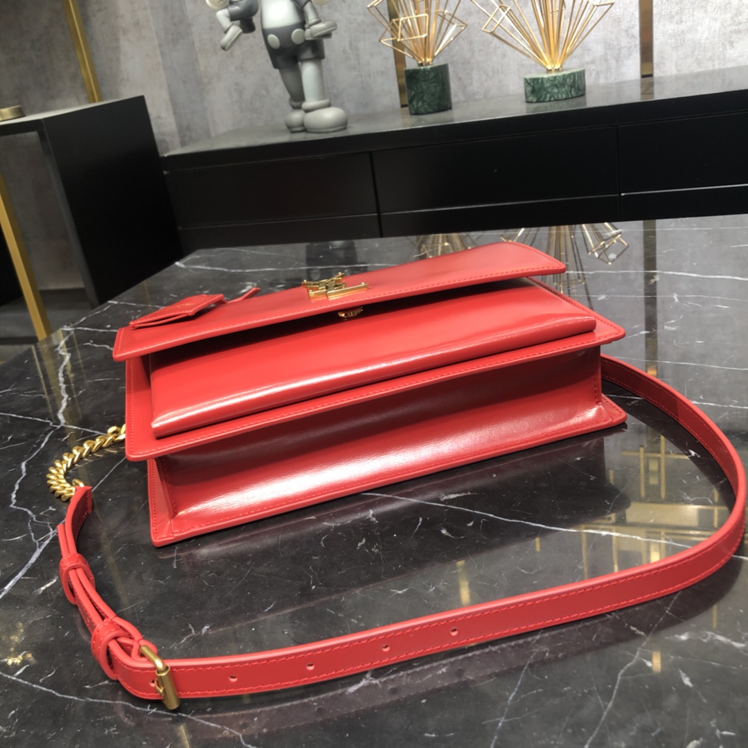 Saint Laurent Sunset Top Handle Smooth Calfskin Handbag Shoulder Bag Red 634723 Gold